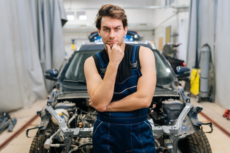 Foto retrato de sério bonito mecânico masculino em uniforme olhando para a câmera não sabendo o que deteriorar