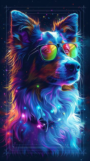 Retrato de Sheltie Dog com uma coleira holográfica de crina e flyer de cartaz cibernético da Cyberneti