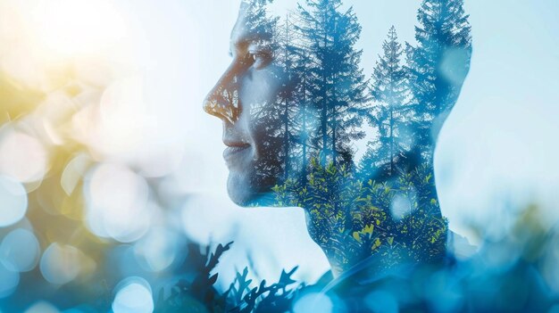 Foto retrato de silhueta de dupla exposição de um homem combinado com a floresta