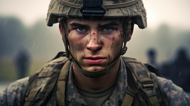 Retrato de soldado americano olhando para a câmera