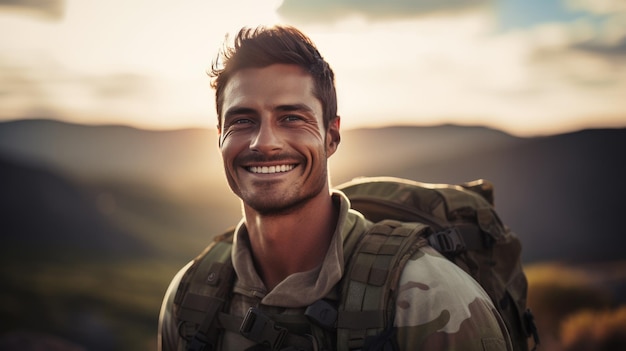 Retrato de soldado americano olhando para a câmera