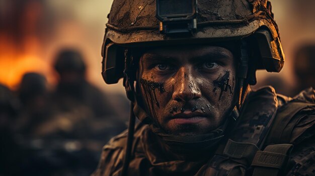 Retrato de soldado soldado camuflado e capacete com fumaça no fundo ai generativo