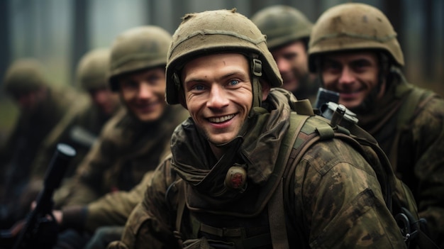 Retrato de soldados olhando para a câmera rindo rostos de homens em uniforme moderno grupo feliz de homens militares na floresta conceito de exército de guerra russo ucraniano jovens camuflagem IA generativa