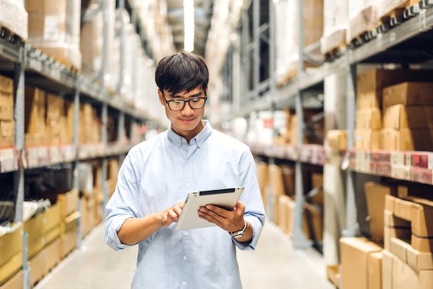 Retrato de sorridente engenheiro asiático capataz homem ordem detalhes verificando mercadorias no tablet e suprimentos nas prateleiras com fundo de mercadorias em warehouselogistic e exportação de negócios