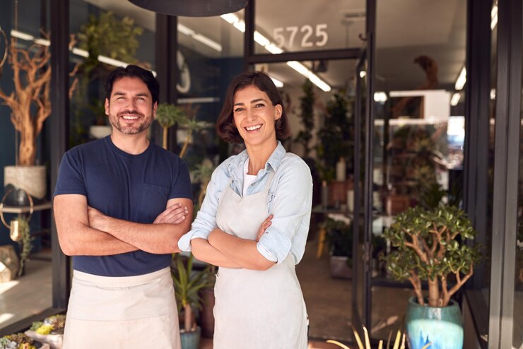 Foto retrato de sorridente homem e mulher proprietários de floristas de pé na porta cercados por plantas