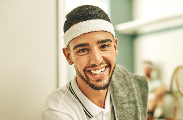 Foto retrato de sorriso e toalha com jogador de squash homem em fundo de parede no vestiário do ginásio para competição ou jogo treinamento de fitness e treino com rosto de pessoa feliz pronta para partida ou torneio