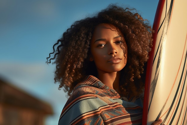 Retrato de surfista negra com estilo de vida de prancha de surf