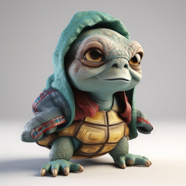 Retrato de tartaruga de desenho animado 3D vestindo roupas, óculos, chapéu e jaqueta em pé na frente
