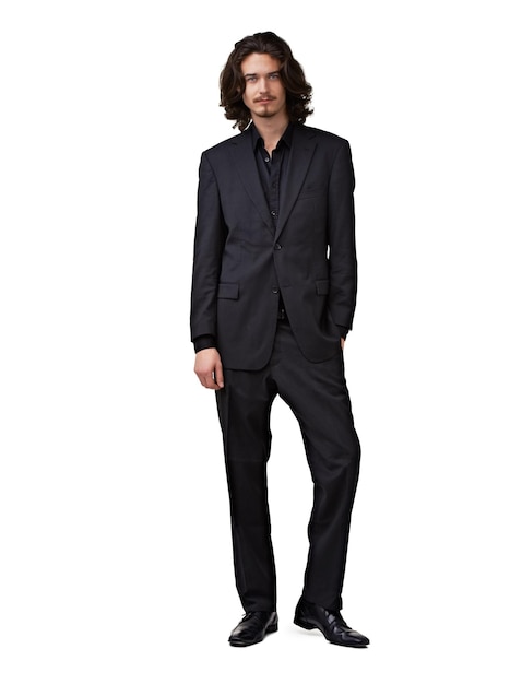 Retrato de terno de moda e homem de estúdio com traje formal de negócios ou confiante em roupas elegantes ou elegantes roupas inteligentes estéticas ou elegantes modelo masculino isolado em fundo branco