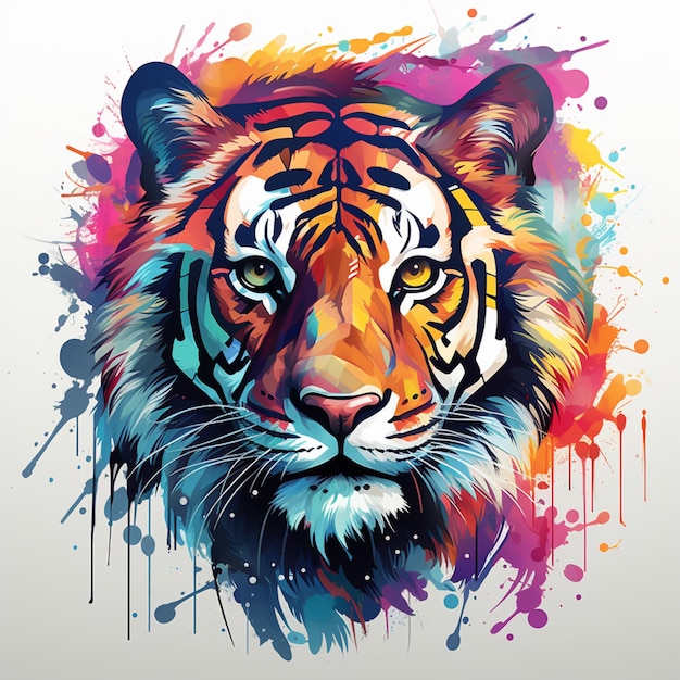 retrato de tigre brilhantemente colorido com respingos de tinta em fundo branco generativo ai