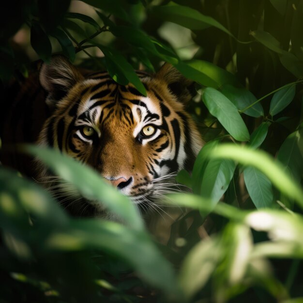 Retrato de tigre em folhas de selva tropical e plantas criadas usando tecnologia generativa de IA