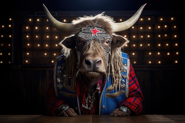 Retrato de touro vestido como rei do Hip Hop Character Design AI generative
