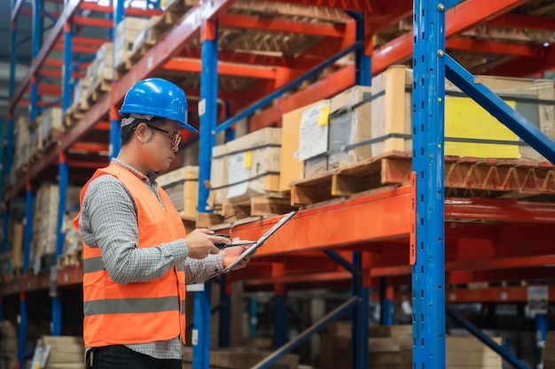 Retrato de trabalhador de armazém masculino no trabalho de armazenamento de armazém bom gerente de trabalho fornecimento logístico pacote interno para caixa de seleção