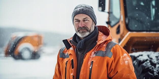 Retrato de trabalhador de conteúdo em roupas de clima frio com caminhão de limpa-neve em terreno nevado