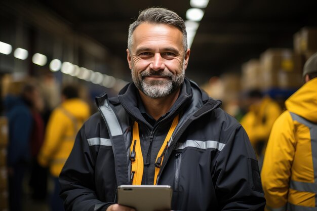 Retrato de trabalhador de meia idade segurando um tablet em um grande armazém Funcionário em uma empresa de logística perto de racks de armazém Criado com tecnologia Generative Ai