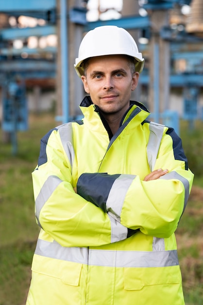 Retrato de trabalhador industrial na estação elétrica Retrato de feliz engenheiro masculino em protectiv