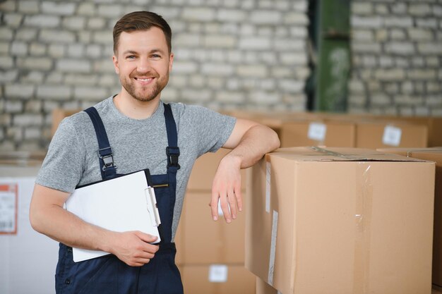 Retrato de trabalhador masculino feliz no armazém em pé entre as prateleiras