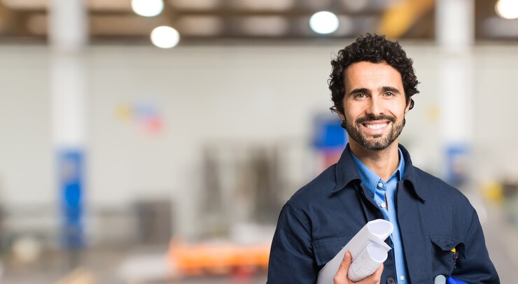 Foto retrato de trabalhador mecânico sorridente