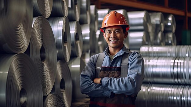 Retrato de trabalhador sorridente com rolos de chapa de aço galvanizado dentro da fábrica ou armazém Generative Ai