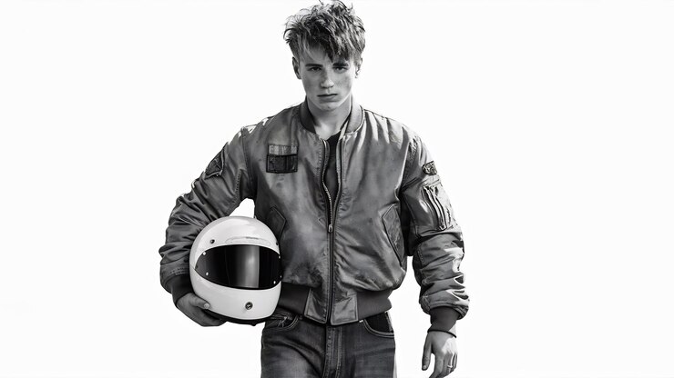 Foto retrato de trás de um jovem motociclista de jeans, casaco de bombardeiro militar e segurando seu capacete branco
