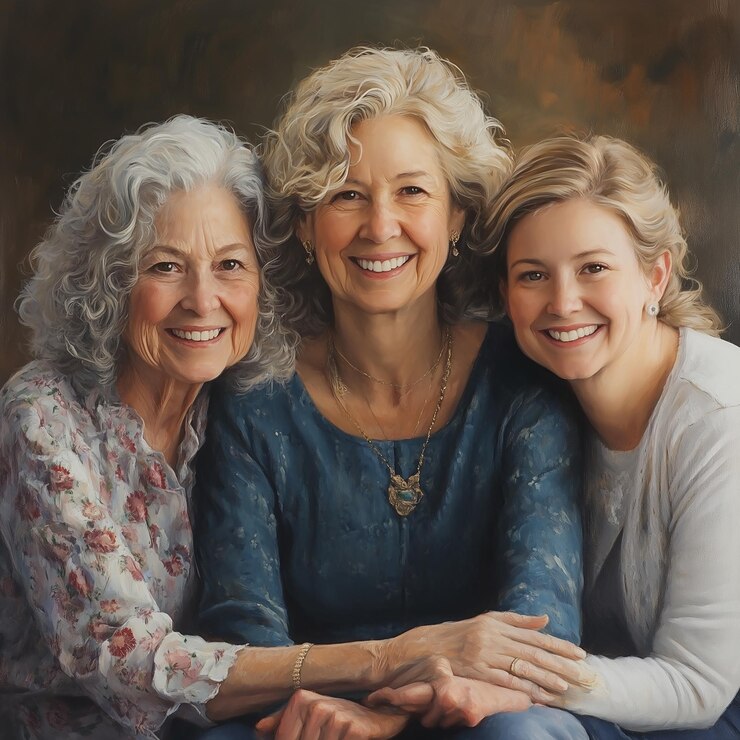 Foto retrato de três gerações de mulheres avó mãe e filha sorrindo juntos