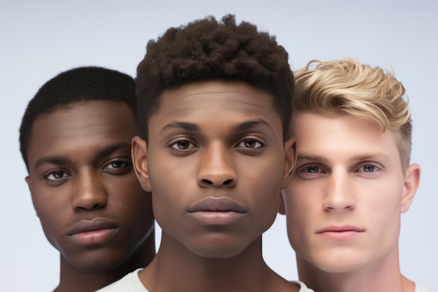 Retrato de três homens bonitos com tons de pele únicos em fundo branco Conceito de cuidados com a pele e diversidade