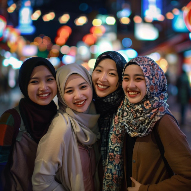 Retrato de três mulheres muçulmanas usando hijab sorrindo e olhando para a câmera na cidade