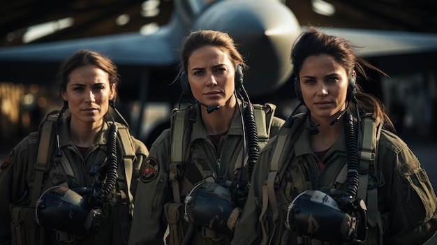 Foto retrato de três mulheres pilotos de avião de combate militar