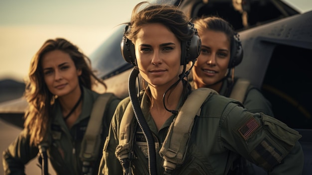 Retrato de três mulheres pilotos de avião de combate militar