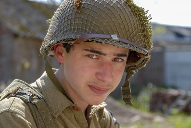 Foto retrato, de, triste, jovem, wwii, americano, soldado