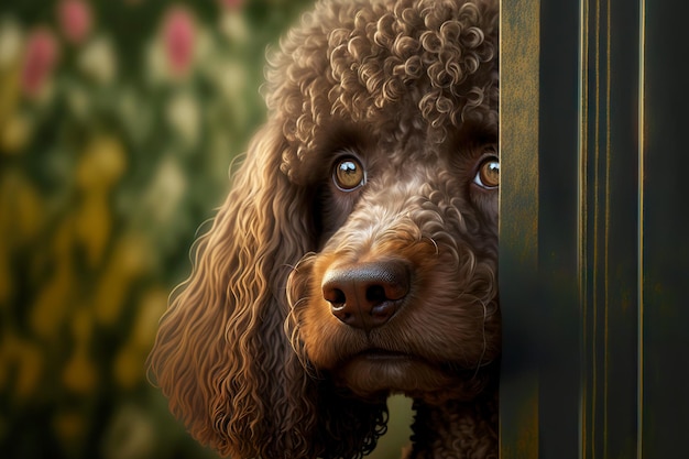 Retrato de tristes poodles marrons fechados em fundo desfocado