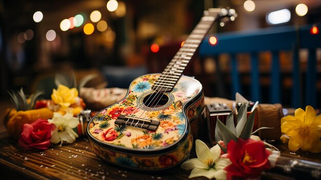 Foto retrato de ukulele na mesa com coquetel e cacto