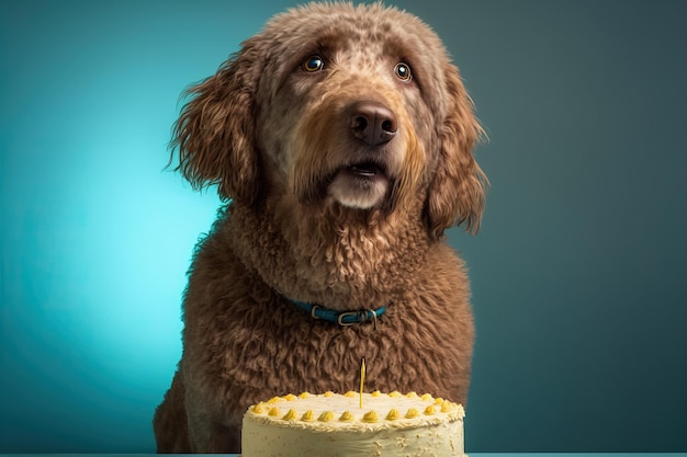Retrato de um adorável cachorro doméstico comemorando um aniversário na frente de um bolo gostoso com uma vela Conceito de melhor amigo