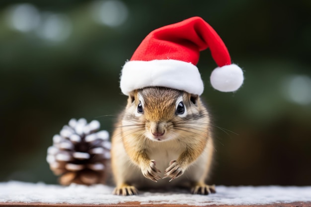 Retrato de um adorável esquilo de Natal com um chapéu de Papai Noel em uma paisagem de inverno