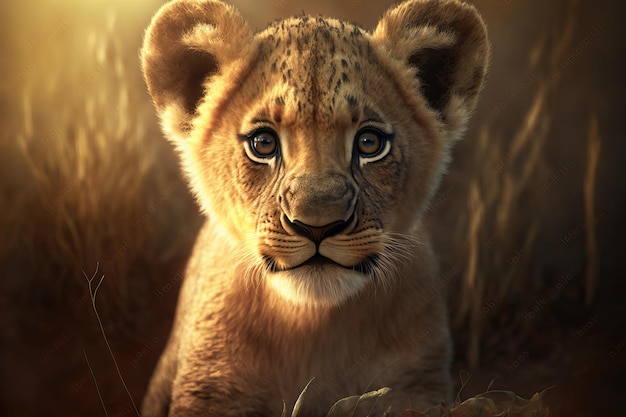 Retrato de um adorável filhote de leão africano em uma planície de savana africana na África oriental e meridional