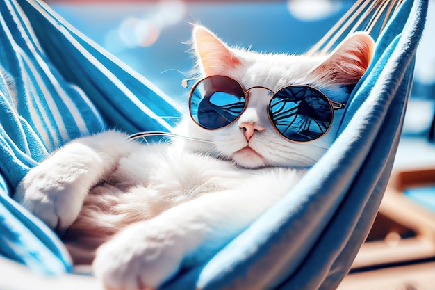Retrato de um adorável gato preguiçoso em óculos de sol deitado em uma rede em uma praia oceânica desfrutando