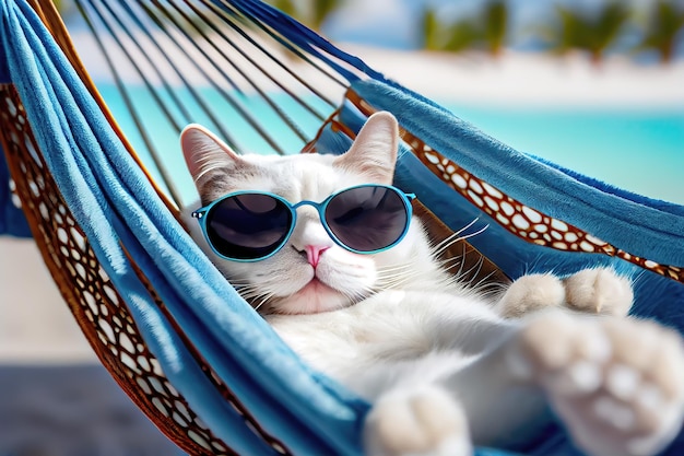 Retrato de um adorável gato preguiçoso em óculos de sol deitado em uma rede em uma praia oceânica desfrutando