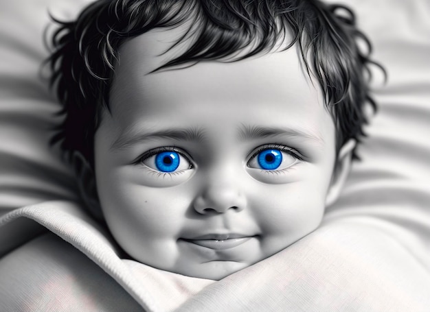 Retrato de um adorável menino de olhos azuis, deitado na cama Generative AI