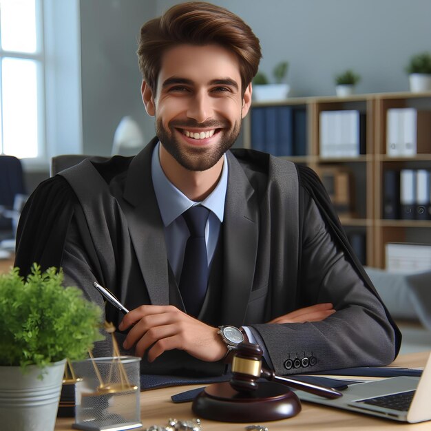 Retrato de um advogado caucasiano sorridente à mesa no escritório