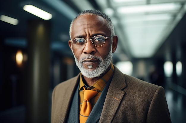 Retrato de um afro-americano sério empresário sênior no lobby de um prédio de escritórios empresário de sucesso confiante em óculos e casaco olhando para a câmera dentro de casa