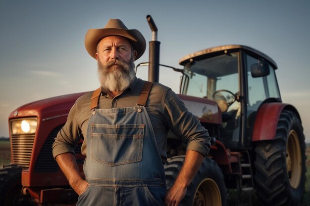 retrato de um agricultor ao lado de um tractor com chapéu e roupas de campo em ambiente rural e trabalho ao ar livre