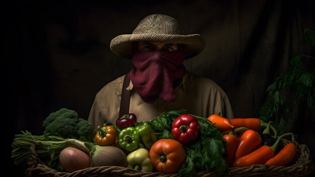 Foto retrato de um agricultor com cesta de legumes em estilo dramático caravaggio inspirado em painço