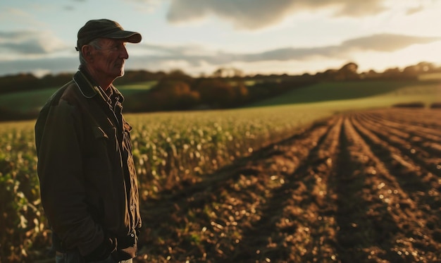 Foto retrato de um agricultor sênior em pé em seu campo agrícola ao sol da tarde