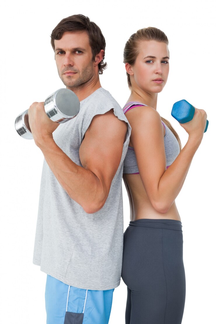 Foto retrato, de, um, ajuste, par, exercitar, com, dumbbell