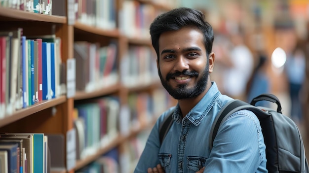 Retrato de um alegre estudante indiano internacional com uma mochila e acessórios de aprendizagem de pé perto de estantes de livros na biblioteca da universidade ou na livraria durante o intervalo entre as aulas.