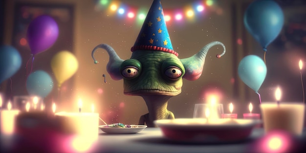 Foto retrato de um alienígena em sua festa de aniversário com chapéu de festa e tem um bolo selvagem com velas usando balões de chapéu de festa e confetes