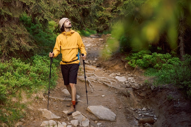 Retrato de um alpinista com bastões de trekking e mochila subindo ou descendo trilhas de montanha