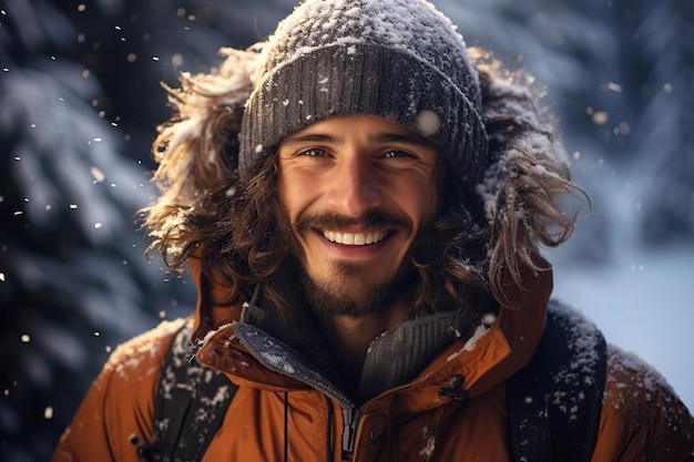 Retrato de um alpinista turístico masculino feliz e sorridente em uma caminhada nas montanhas no inverno