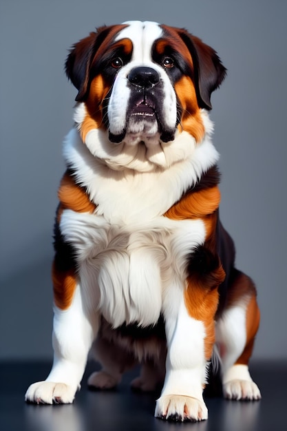 Retrato de um amigável cão São Bernardo, preto, branco e marrom