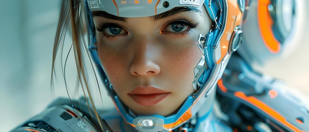 Retrato de um Android futurista com acentos azuis-alarmantes Conceito Fotografia de moda Tema Scifi Cores vibrantes Maquiagem futurista Acessórios de alta tecnologia